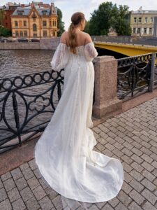 Sparkling fit and flare plus size wedding dress with detachable balloon sleeves
