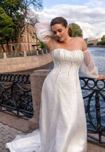 Style #2243L, Sparkling fit and flare plus size wedding dress with detachable balloon sleeves; available in ivory