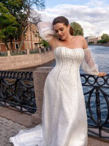 Sparkling fit and flare plus size wedding dress with detachable balloon sleeves