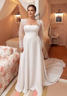 Style #2244L, Crepe A-line plus size wedding dress with removable long-sleeve bolero; available in ivory