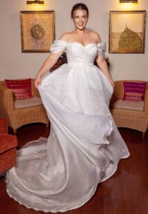 Style #2245L, Textured organza plus size ball gown with off the shoulders sleeves; available in ivory
