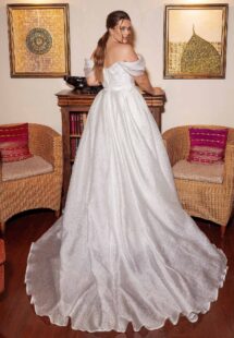 Style #2245L, Textured organza plus size ball gown with off the shoulders sleeves; available in ivory