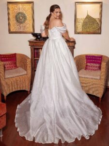 Textured organza plus size ball gown with off the shoulders sleeves