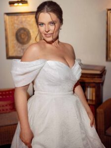 Textured organza plus size ball gown with off the shoulders sleeves