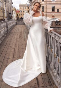 Style #2246L, Mikado plus size A-line wedding dress with long removable sleeves; available in ivory