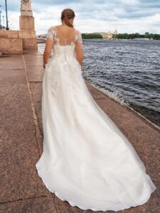 Short sleeve plus size A-line wedding dress with lace décor