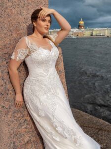 Short sleeve plus size A-line wedding dress with lace décor