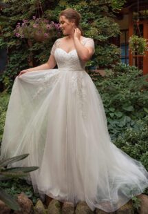 Style #2248, A-line plus size wedding dress with off the shoulder sleeves; available in ivory, white