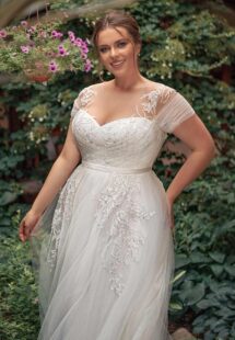Style #2248, A-line plus size wedding dress with off the shoulder sleeves; available in ivory, white