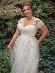 Style #2248, A-line plus size wedding dress with off the shoulder sleeves; available in ivory, white