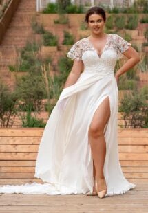 Style #2250, Sheath plus size wedding dress with lace flutter sleeves; available in ivory