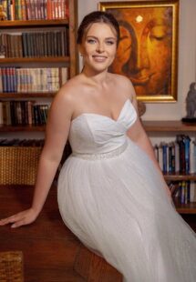 Style #2251, Strapless allover sequin plus size ball gown; available in ivory