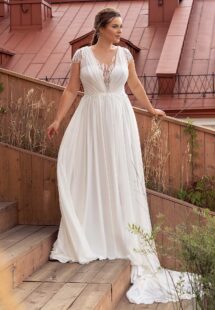 Style #2252, Flowy chiffon plus size wedding dress with cap sleeves; available in ivory