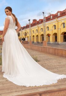 Style #2252, Flowy chiffon plus size wedding dress with cap sleeves; available in ivory