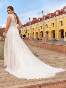 Flowy chiffon plus size wedding dress with cap sleeves