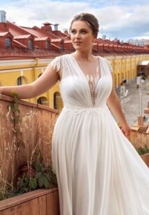Style #2252, Flowy chiffon plus size wedding dress with cap sleeves; available in ivory