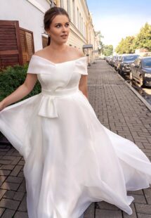 Style #2253, Simple plus size A-line wedding dress with off the shoulder neckline; available in ivory