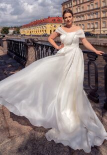 Style #2253, Simple plus size A-line wedding dress with off the shoulder neckline; available in ivory