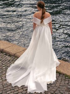 Simple plus size A-line wedding dress with off the shoulder neckline