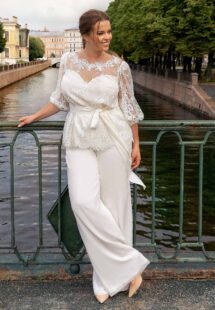 Style #2254-4, Plus size bridal set with 3/4 sleeve lace top and chiffon pants; available in ivory