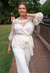 Style #2254-4, Plus size bridal set with 3/4 sleeve lace top and chiffon pants; available in ivory