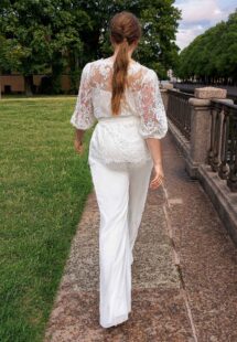 Style #2254-4, Plus size bridal set with 3/4 sleeve lace top and chiffon pants; available in ivory