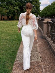 Plus size bridal set with 3/4 sleeve lace top and chiffon pants