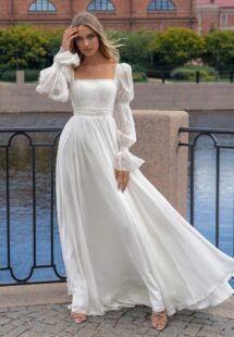 Style #14005, Square-neck wedding dress with long sleeves; available in ivory