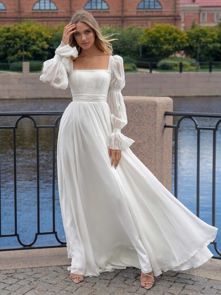 Style #14005, Square-neck wedding dress with long sleeves; available in ivory