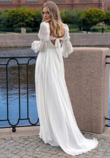 Style #14005, Square-neck wedding dress with long sleeves; available in ivory