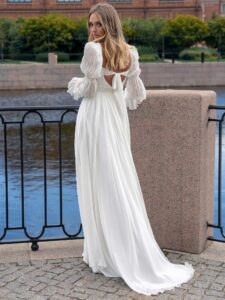 Square-neck wedding dress with long sleeves