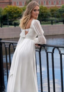 Style #14005, Square-neck wedding dress with long sleeves; available in ivory