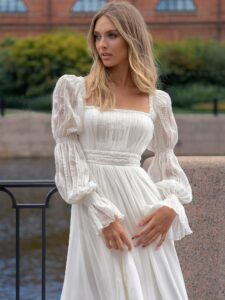 Square-neck wedding dress with long sleeves