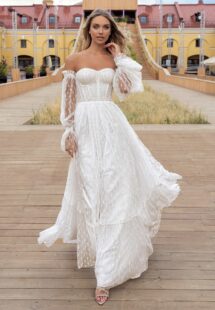 Style #14007, Lace strapless A-line wedding dress with detachable long sleeves; available in ivory