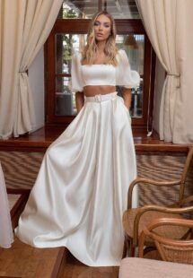 Styles #14011-3 and 14011-2, Two-piece bridal set with satin flowy skirt and crop top; available in ivory
