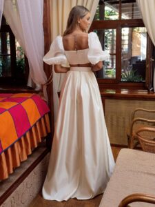 Two-piece bridal set with satin flowy skirt and crop top
