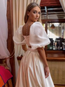 Two-piece bridal set with satin flowy skirt and crop top