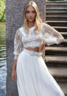 Styles #14013-3 and 14013-2, Two-piece bridal set with lace long-sleeve crop top and flowy chiffon skirt; available in ivory