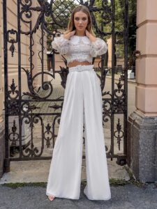 Two-piece bridal set with a lace crop top and chiffon palazzo pants
