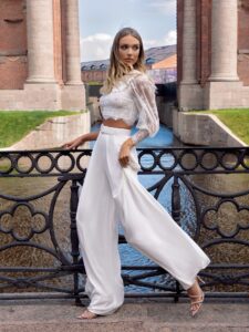 Two-piece bridal set with a lace crop top and chiffon palazzo pants