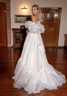 Style #14015, Strapless A-line wedding dress with detachable off-the-shoulder capelet; available in ivory