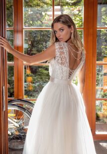 Style #14016, A-line tulle wedding dress with embroidered top; available in ivory