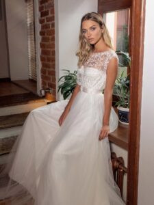 A-line tulle wedding dress with embroidered top