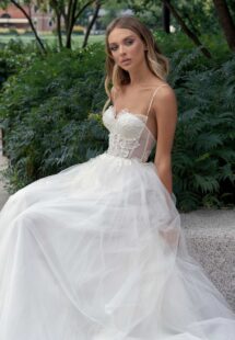 Style #14018, Ball gown wedding dress with spaghetti straps; available in ivory