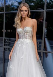 Style #14018, Ball gown wedding dress with spaghetti straps; available in ivory