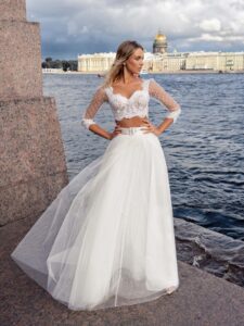 Two-piece bridal set with a lace crop top and tulle skirt