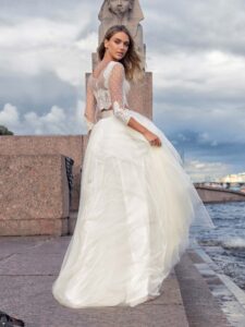 Two-piece bridal set with a lace crop top and tulle skirt