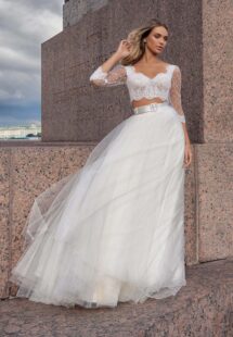 Styles #14019-3 and 14019-2b, Two-piece bridal set with a lace crop top and tulle skirt; available in ivory