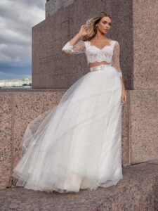 Two-piece bridal set with a lace crop top and tulle skirt