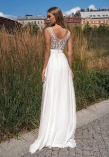 Style #14020, Chiffon sheath wedding dress with plunging neckline; available in ivory